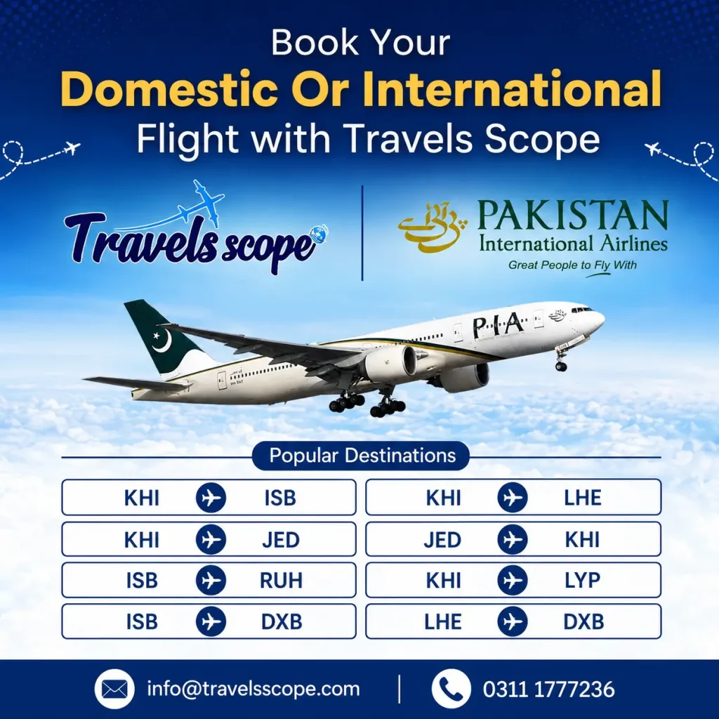Travels Scope PIA domestic and international flight booking for Pakistan